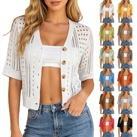 Lixiuxyad Women's Crochet Shrug Cardigan Short Sleeve Open-Front Lace Button Down Knit Cardigan,Black