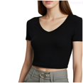 thumbnail image 1 of Lixiuxyad Women's Fashion Rayon Ribbed Slim Fit V Neck Short Sleeved All Base Top Loose Fit,Black L, 1 of 5