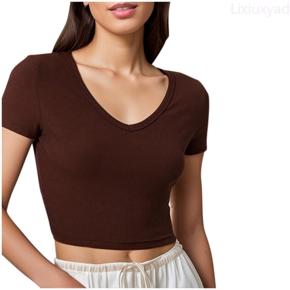 Lixiuxyad Women's Fashion Rayon Ribbed Slim Fit V Neck Short Sleeved All Base Top Loose Fit,Brown L