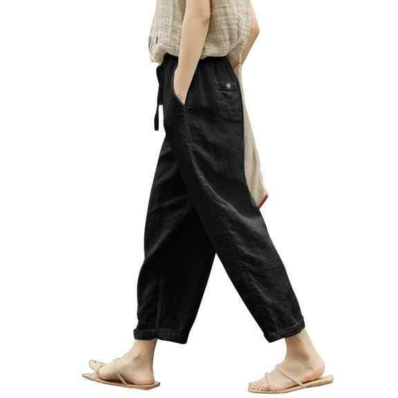 Lixiuxyad Women's Linen Capri Pants, Lightweight Casual Summer Pants with Drawstring Elastic Waist Black