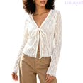 thumbnail image 1 of Lixiuxyad ‌Women's Long Sleeve Lace Tie-Front Cardigan V-Neck Sheer Crop Tops,White, 1 of 6