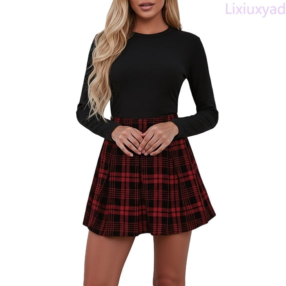 Lixiuxyad Women's Mini Skirt Plaid Pleated Skirt With Waist Cinching Design,Red