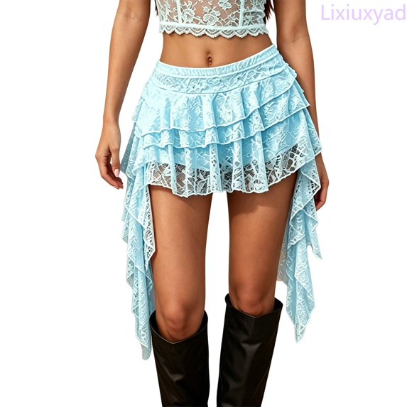 Lixiuxyad Women's Mini Skirt Summer Lace Layered Ruffle Short Skirt With Floral Embroidery And Elastic Waistband,Blue