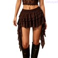 thumbnail image 1 of Lixiuxyad Women's Mini Skirt Summer Lace Layered Ruffle Short Skirt With Floral Embroidery And Elastic Waistband,Brown, 1 of 4