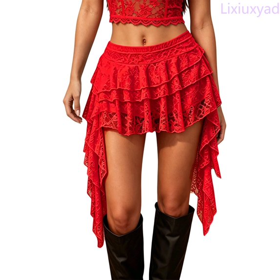 Lixiuxyad Women's Mini Skirt Summer Lace Layered Ruffle Short Skirt With Floral Embroidery And Elastic Waistband,Red