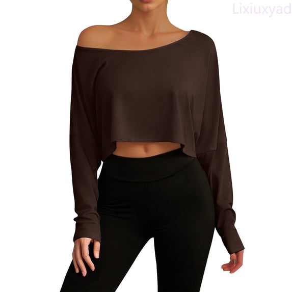 Lixiuxyad Women's One Shoulder Loose Fitting Long Sleeved T Shirt As A Base Layer Tshirts Trendy,Brown M