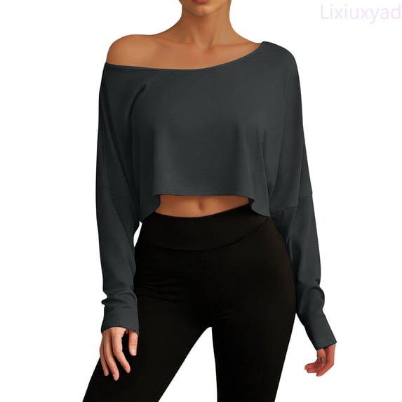 Lixiuxyad Women's One Shoulder Loose Fitting Long Sleeved T Shirt As A Base Layer Tshirts Trendy,Gray L