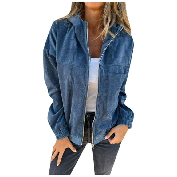 Lixiuxyad Women's Oversized Jacket Womens Hooded Zipper Corduroy Jacket Lightweight Winter Outerwear Blue