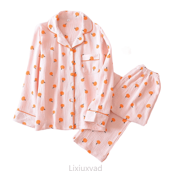 Lixiuxyad Women's Pajama Sets Soft Crinkle Fabric Long Sleeve Loungewear Comfortable Sleepwear With Orange Print For Home Relaxation Womens Sleepwear M