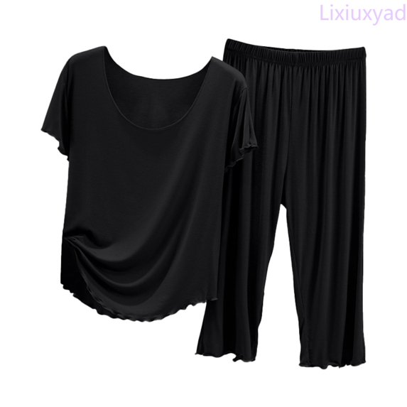 Lixiuxyad Women's Pajama Sets Women's Summer Short Sleeve Top With Capri Pants Pajama Set Lightweight Casual Home Wear For Ladies,Black