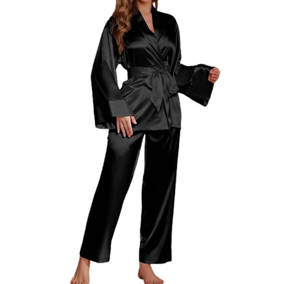 Lixiuxyad Women's Pajamas Silk Pajama Set For Women Elegant Solid Color Robe And Long Pants Two Piece Loungewear