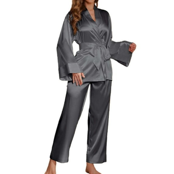 Lixiuxyad Women's Pajamas Silk Pajama Set For Women Elegant Solid Color Robe And Long Pants Two Piece Loungewear