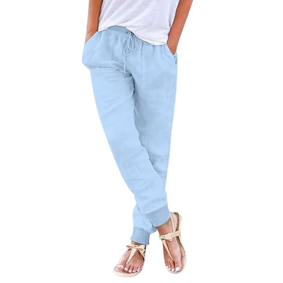 Lixiuxyad Women's Pants Linen Drawstring Elastic Waist Ankle Length Pants Blue