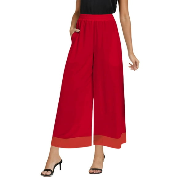 Lixiuxyad Women's Pants Women's Flowy Wide Leg Casual Pants High Waisted Elastic Waistband Lightweight Chiffon Comfortable Trousers With Pockets Red