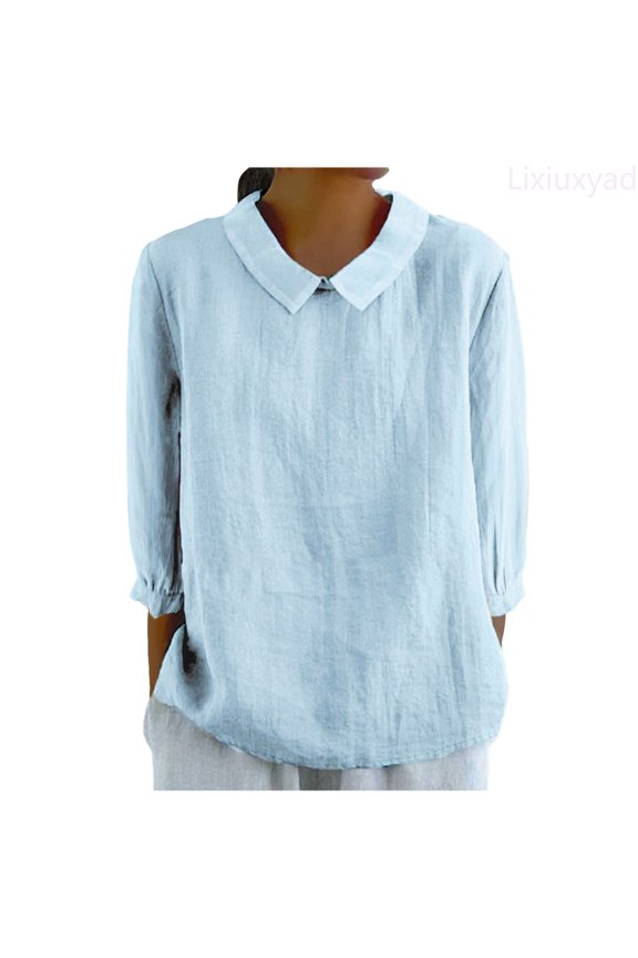Women's Retro Fashion Solid Color Loose Casual Turndown Neck Shirt Long Sleeved T Shirt Tops Basic Tee,Blue S