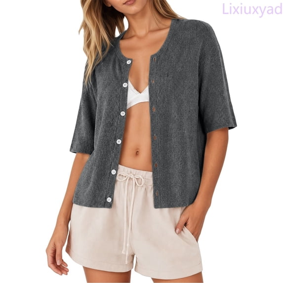 Lixiuxyad Women's Ribbed Knit Cardigan Short Sleeve Open-Front Button-Up Summer Knit Tops,Gray