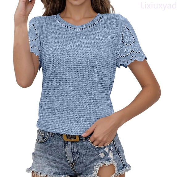 Lixiuxyad Women's Round Neck Lace Trimmed Style Solid Short Sleeve T Shirt Floral Cute,Blue XXL