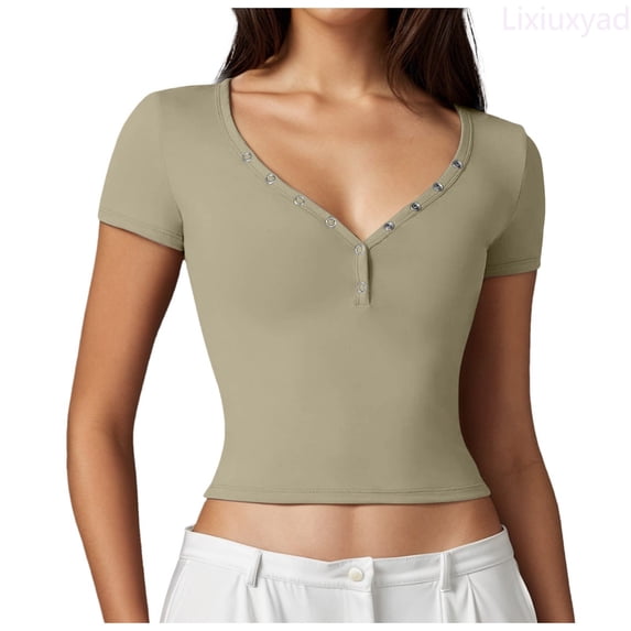Lixiuxyad Women's Short Sleeve T Shirts Double Lined Button Up Slim Fit Crop Top Going Out Tops Loose Fit,Brown S