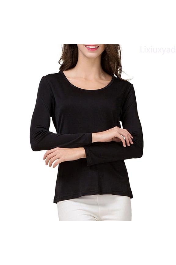 Women's Silk Double Knitted Pullover Large Size Bottoming Shirt Dressy Casual,Black XL