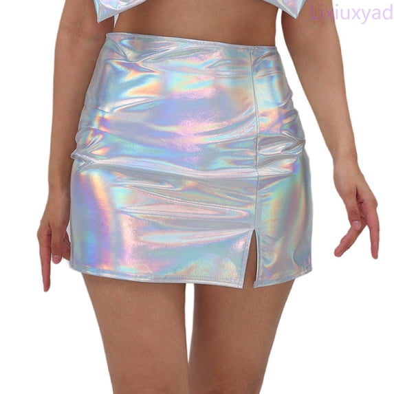 Lixiuxyad Women's Skirt High Gloss Bodycon Mini Skirt Side Slit Party Clubwear Stretch Fit Zipper A Line Design,Multicolor