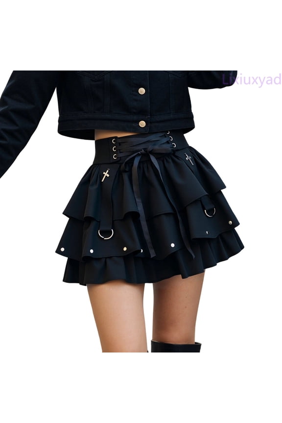 Women's Skirt Stylish Punk Rock Skirt With Lace Up Detail And Layered Design For High Waist Fashion Party Wear,Black