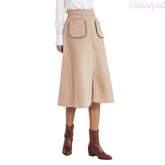 Lixiuxyad Women's Skirt Women's Suede A Line Midi Skirt With Elastic Waist And Front Pockets For Fall And Winter,Beige