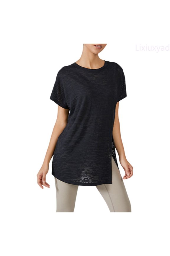 Women's Solid Color Asymmetric Hem Long Sleeve Yoga Cover Up | Lightweight Loose Fitting Sports Top For Running & Fitness Trendy Casual,Black M