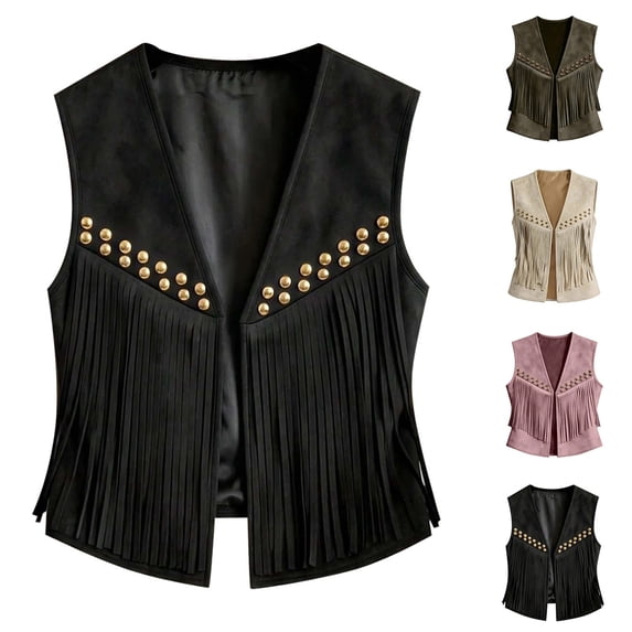Lixiuxyad Women's Suede Fringe Vest Western Cowgirl Sleeveless Open-Front Tassel Cropped Tops,White