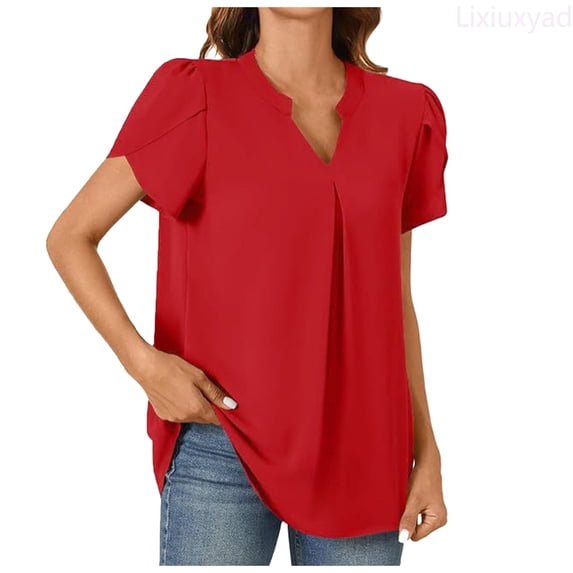 Lixiuxyad Women's Summer Casual T Shirts Dressy Chiffon Blouses Petal Short Sleeve V Neck Tunic Tops For Leggings Casual Summer,Red L