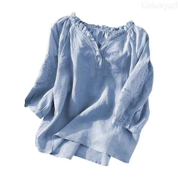 Lixiuxyad Women's Summer Loose Embroidered Floral Linen V Neck 3/4 Sleeve Shirt Blouse Top Casual Summer,Blue L
