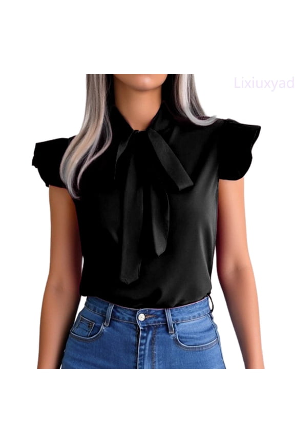 Women's Summer Solid Color Ruffle Collar Bow Short Sleeve Shirt Basic Tee,Black XXL