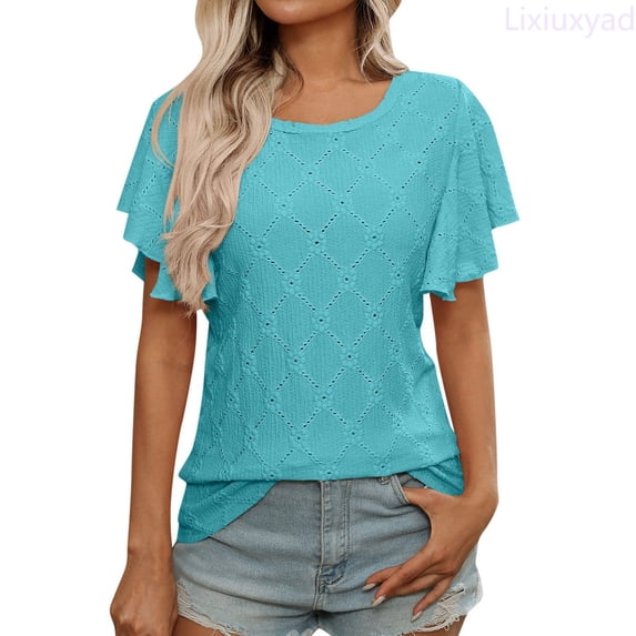 Lixiuxyad Women's Summer T Shirt With Floral Cutout And Ruffle Sleeves For Casual Wear Womens Summer T Shirts,Blue S