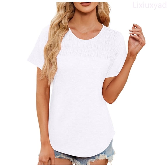 Lixiuxyad Women's Summer Tops Trendy Short Sleeve Shirts Smocked Crewneck Tee Trendy Casual,White L