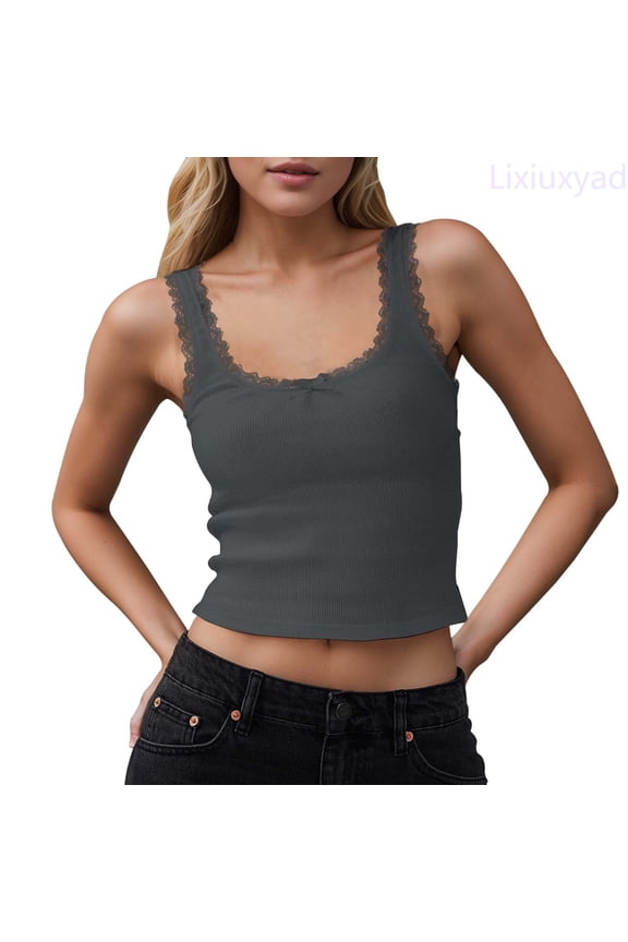 Women's Tank Top Camisole Women's Lace Trim Spaghetti Strap Top Knitted Basic Layering Shirt,Gray