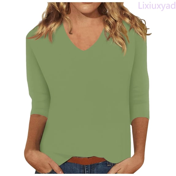 Lixiuxyad Women's Tee Shirts Women T Shirt V Neck Solid Color Casual Summer Basic Top Women Shirt,Green
