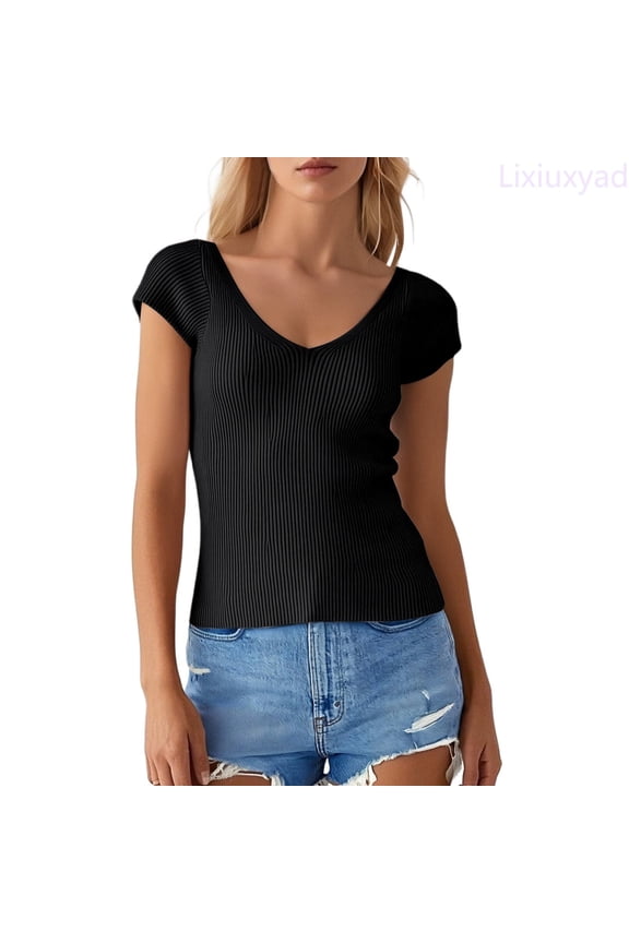 Women's V Neck Pure Color T Shirt For Daily Wear And Womens Summer T Shirts,Black M