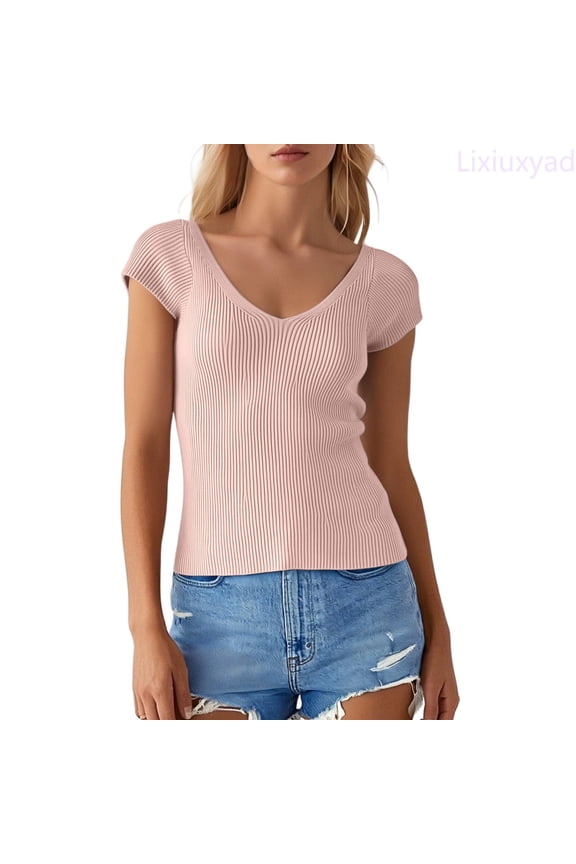 Women's V Neck Pure Color T Shirt For Daily Wear And Womens Summer T Shirts,Pink M