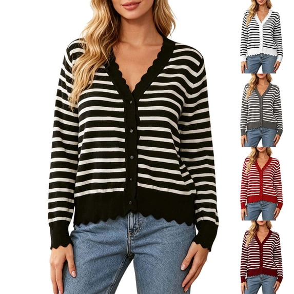 Lixiuxyad Women's V-Neck Striped Knit Cardigan Long Sleeve Button-Front Summer Knit Tops,White