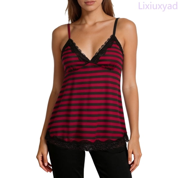 Lixiuxyad Womens Basic Cami Tops Summer Punk Striped Contrast Trim Spaghetti Strap Tank Top For,Red S