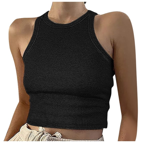 Lixiuxyad Womens Camisole Tank Tops Short Tops Solid Women's Vest Color Sleeveless Tank Neck Round Women's Blouse(Black L)