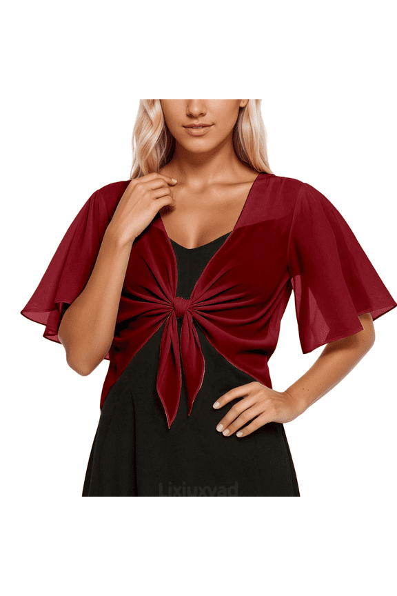 Womens Cardigans Elegant Open Front Chiffon Cover Up Lightweight Beach Duster Kimono Lace Up Long Sleeve Boho Blouse Tunic Top For Summer,Red