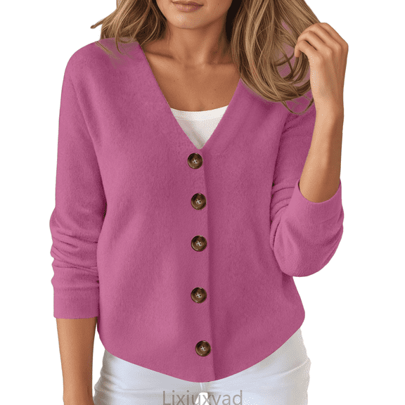Lixiuxyad Womens Cardigans Fall Winter Cardigan Button Down Sweater Casual Comfortable Commute Solid Color Top,Pink