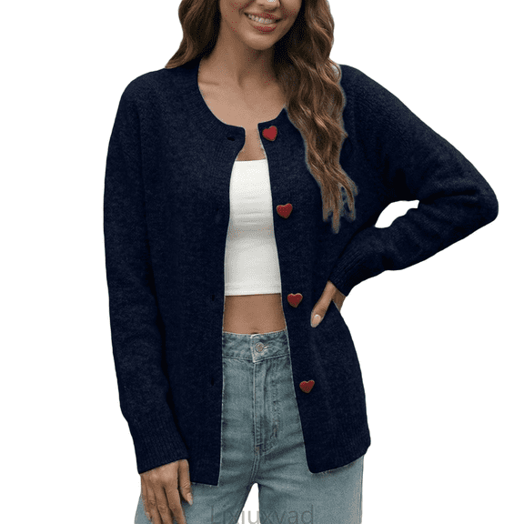 Lixiuxyad Womens Cardigans ’s Heart Button Loose Round Neck Knit Cardigan – Soft Blend Jacket,Blue