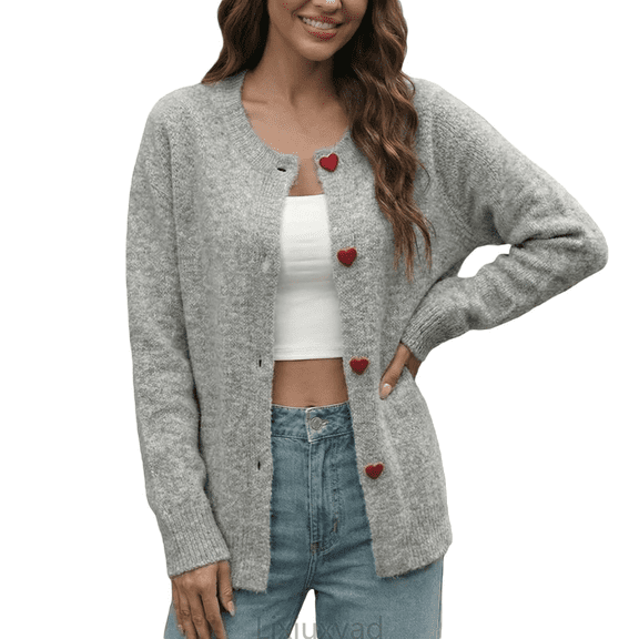 Lixiuxyad Womens Cardigans ’s Heart Button Loose Round Neck Knit Cardigan – Soft Blend Jacket,Gray