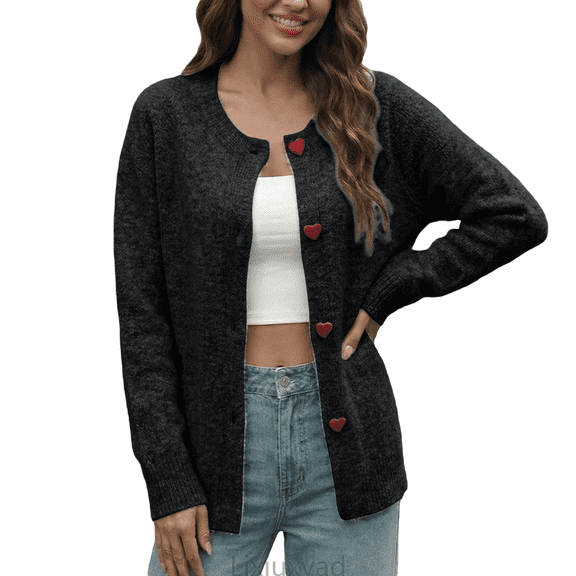 Lixiuxyad Womens Cardigans ’s Heart Button Loose Round Neck Knit Cardigan – Soft Blend Jacket,Gray