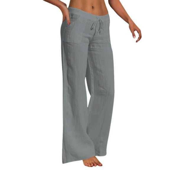 Lixiuxyad Womens Casual Linen High Waist Pants,Drawstring Loose Fit Summer Pants Trousers with Side Pockets Gray
