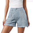thumbnail image 1 of Lixiuxyad Womens Casual Shorts Stylish Denim Shorts With Fringe Embellishment And Rhinestone Chain Detail For A Summer,Blue M, 1 of 7