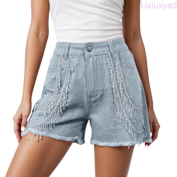 Lixiuxyad Womens Casual Shorts Stylish Denim Shorts With Fringe Embellishment And Rhinestone Chain Detail For A Summer,Blue M