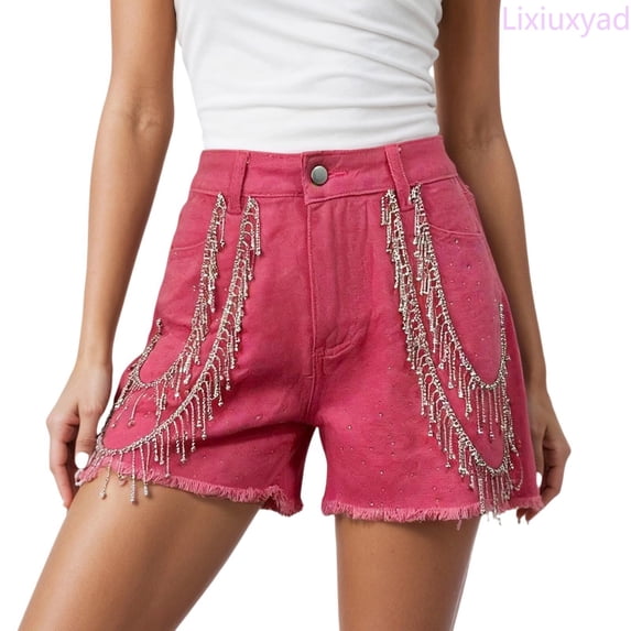 Lixiuxyad Womens Casual Shorts Stylish Denim Shorts With Fringe Embellishment And Rhinestone Chain Detail For A Summer,Red L