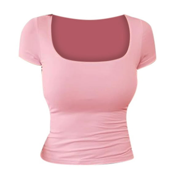 Lixiuxyad Womens Graphic T Shirts Women's Fashion Slim U Neck T Shirt Fashion Casual Solid Color Short Sleeved T Shirt,Pink L